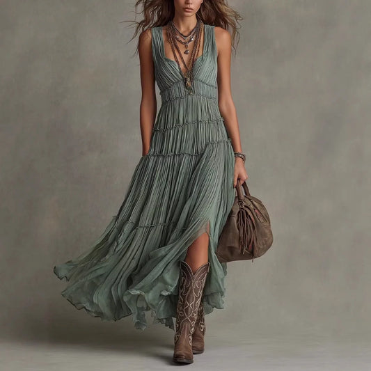Women's Boho Green Tiered Maxi Dress Sleeveless V-Neck Pleated Flowy Dress Vintage Inspired Chic Boho Maxi Dress for Women