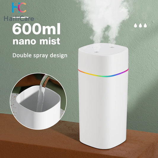 Portable USB Humidifier - 600ml Aroma Diffuser with Colorful Night Light for Home  Car