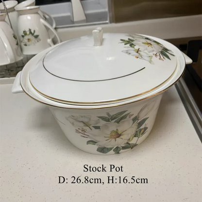 Bone China Dinnerware Set - Floral Ceramic Plates Bowls  Soup Pots