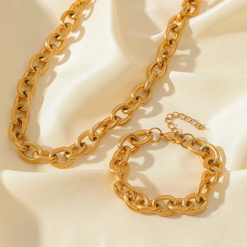 EILIECK 316L Stainless Steel Silver Color Thick Link Chain Necklace Bracelet Set For Women Men New Trendy Metal Jewelry Bijoux