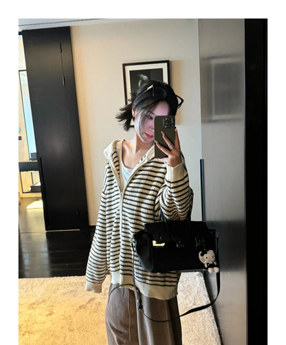 Hong Kong Style Striped Hooded Knitted Sweater Coat Women's Open Cardigan Spring Autumn Winter New Drawstring Zipper Versatil...