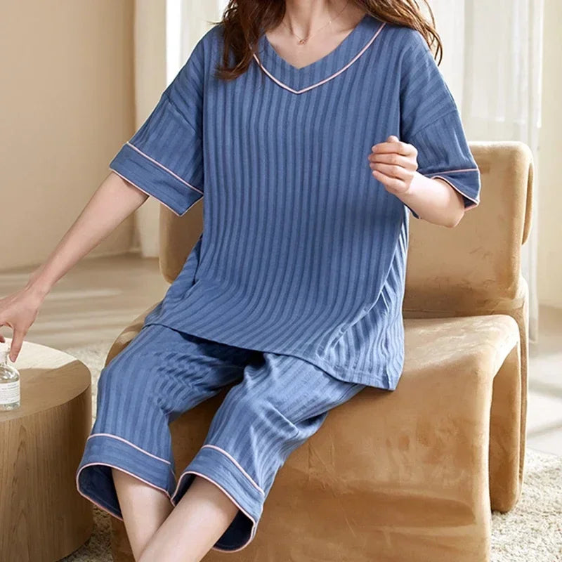 Summer Capris Pajamas for Women Plus Size 5XL Woman Causal Pajama Sets Cartoon Lapel Pijamas Cute Girl Soft Cotton Sleepwear