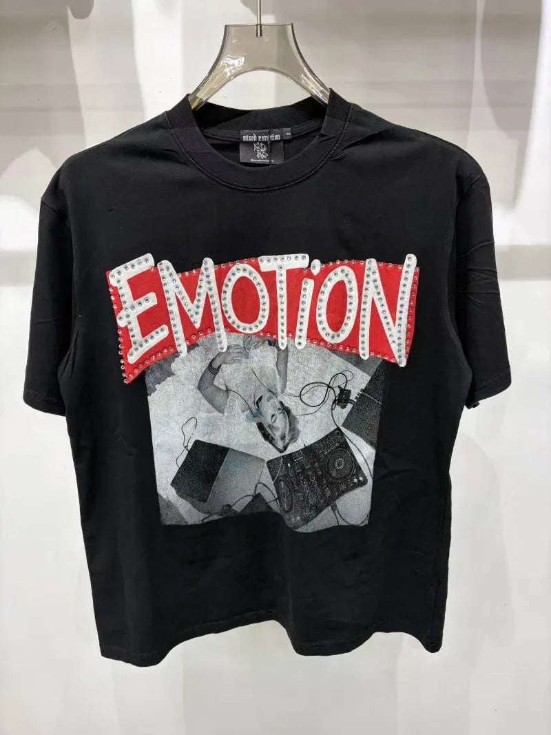 New MIXED-EMOTION Rhinestone cartoon printed pattern 100% cotton Men Women T-shirt Loose casual Shinning Diamond Tees Oversized Top