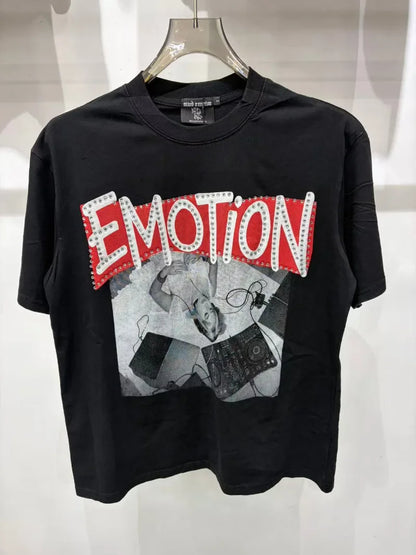 New MIXED-EMOTION Rhinestone cartoon printed pattern 100% cotton Men Women T-shirt Loose casual Shinning Diamond Tees Oversized Top