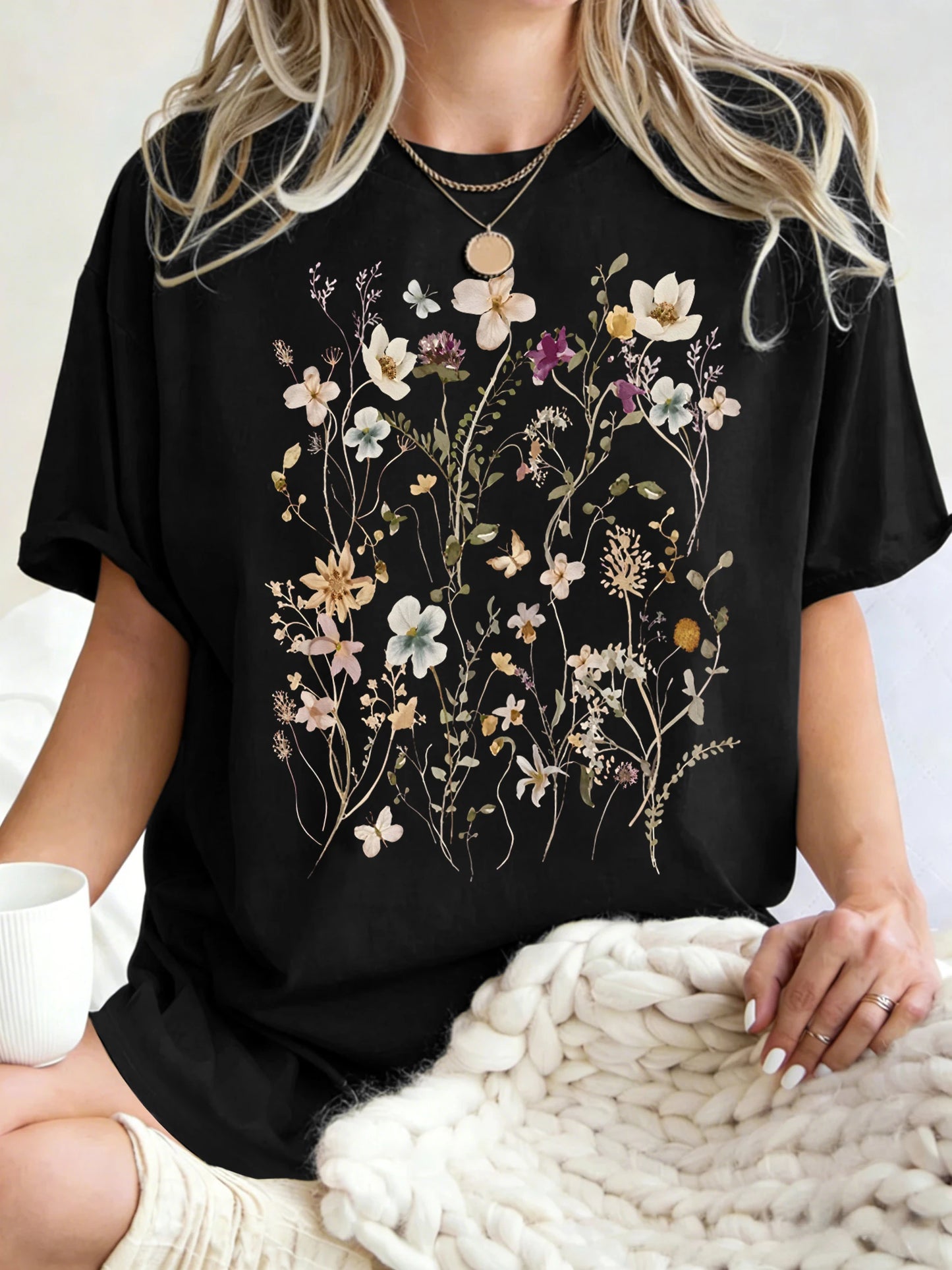 Beautiful Flower Clusters Printing Woman T-Shirt Summer Oversized Short Sleeve O-Neck Cotton T Shirts Y2K Women Sports Tops