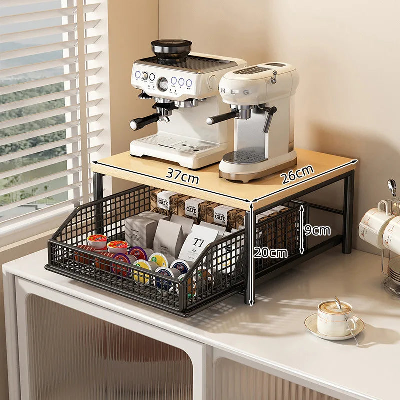 Kitchen Microwave Rack – Solid Wood Metal Storage Shelf With Drawer, Space-Saving Organizer
