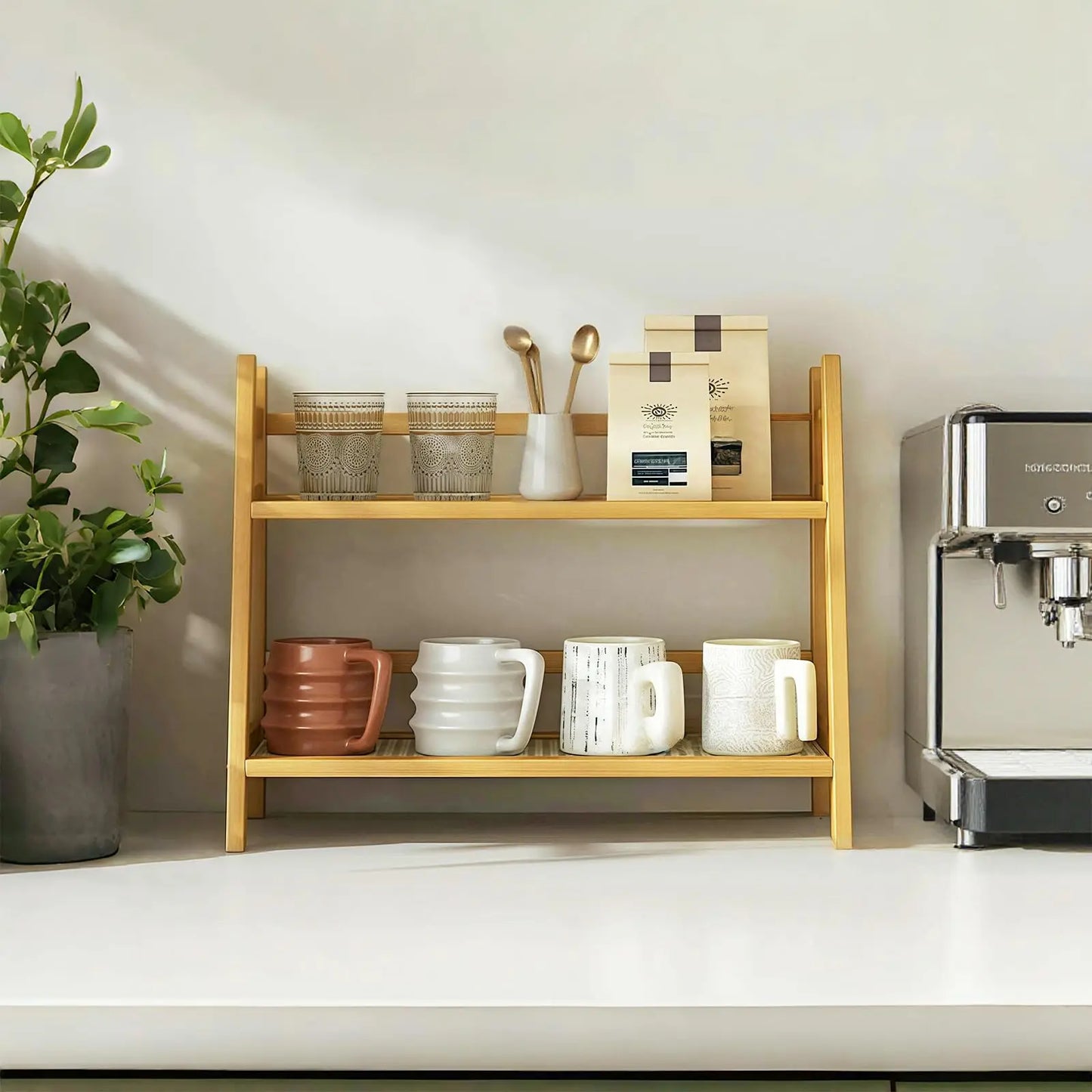 Coffee Station Organizer - 2 Tier Wicker Look Bamboo Mug Holder Shelf