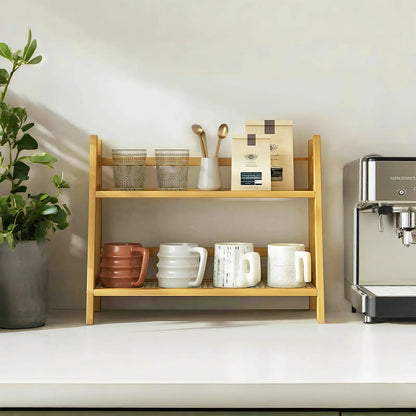 Coffee Station Organizer - 2 Tier Wicker Look Bamboo Mug Holder Shelf