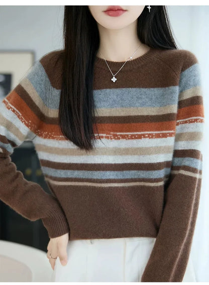 Autumn and winter 100% pure wool striped retro style round-neck wool knit women's long-sleeved versatile sweater top