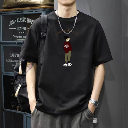 Men's Cotton T-Shirt - Printed Loose Fit Summer O-Neck Tee with Breathable Broadcloth Fabric