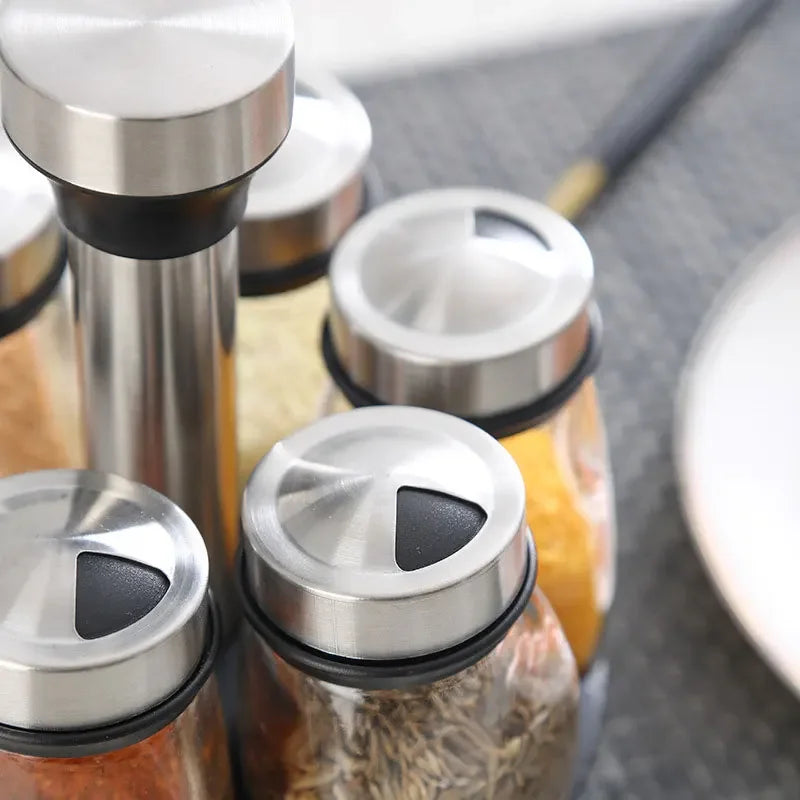 Rotating Spice Jar Set - Glass Seasoning Organizer with Rack for Kitchen Storage