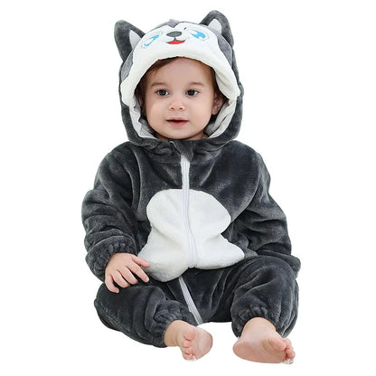Baby Winter Rompers - Soft Polyester Hooded Jumpsuit With Animal Pattern, Machine Washable