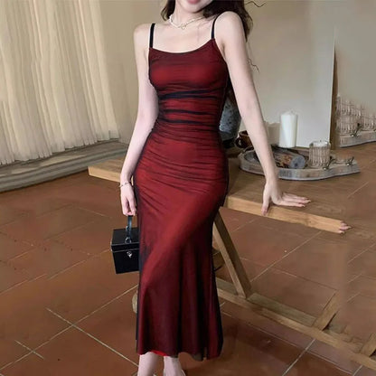 Party Maxi Dress - Elegant Women's Red Camisole Backless Spaghetti Strap Gown
