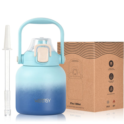WATERSY 800ml Stainless Steel Water Bottle Double Wall Vacuum Insulated Thermal Cup with Straw & Handle, for Travel Gym Office