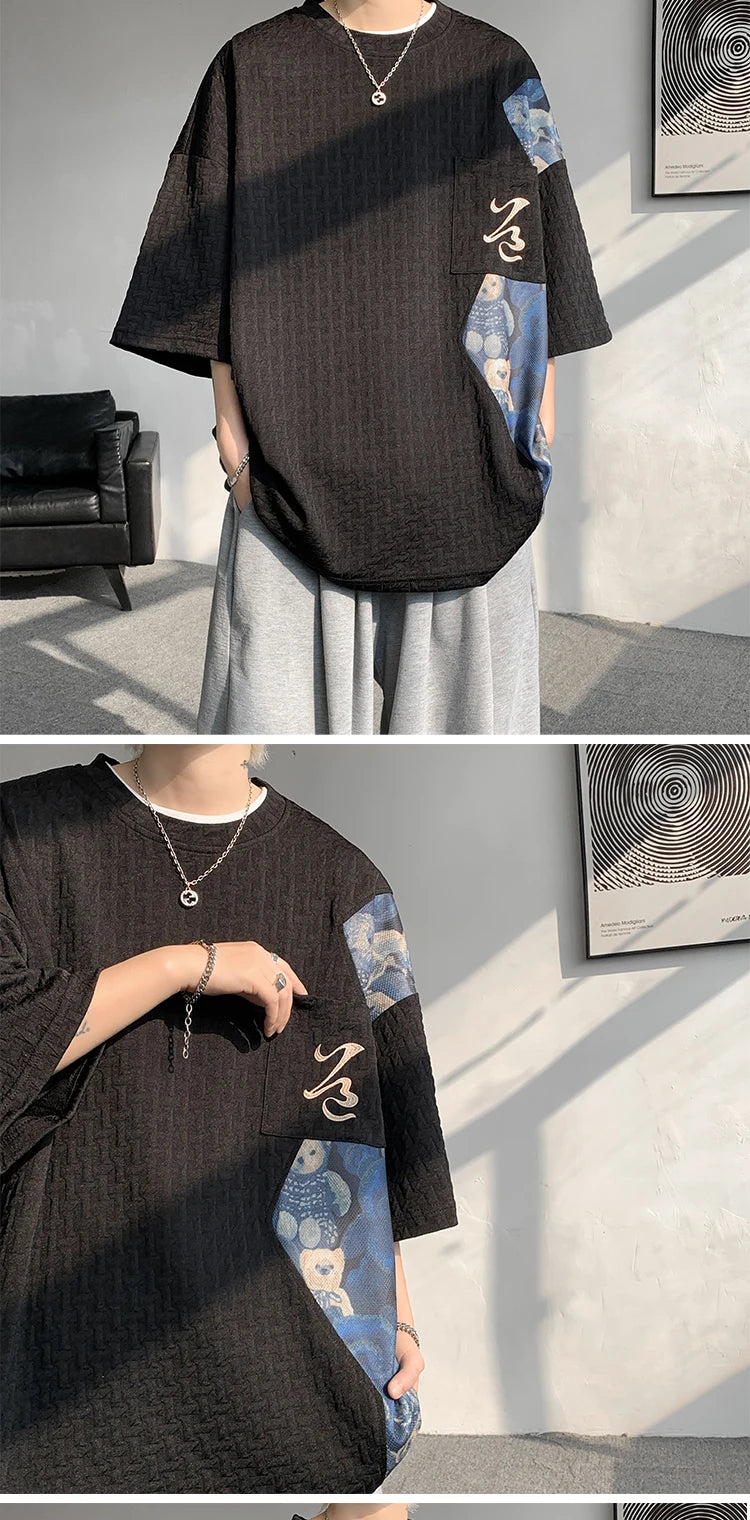 Patchwork Contrast Color T Shirt Men Summer Fashion Top Tees Unisex Harajuku T-shirt Male Half Sleeve TShirts Blue White Black