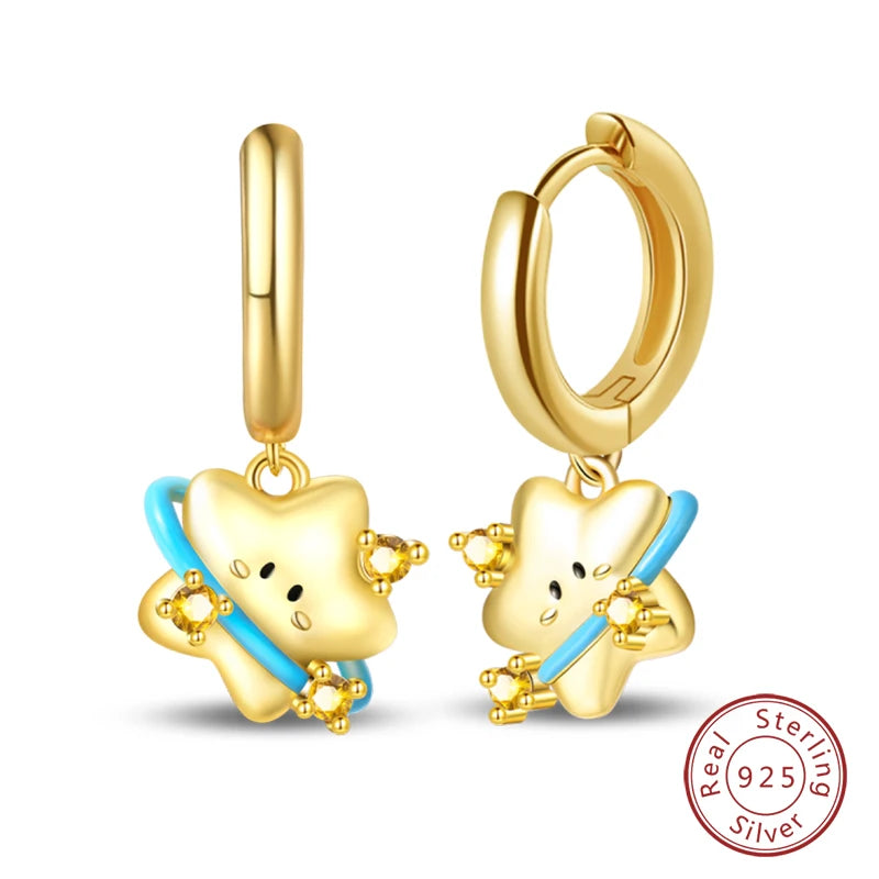 Silver Gold Pearl Earrings - 925 Sterling Silver Bee Star Moon Design Studs