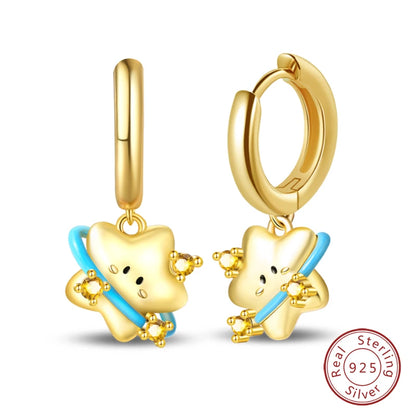 Silver Gold Pearl Earrings - 925 Sterling Silver Bee Star Moon Design Studs