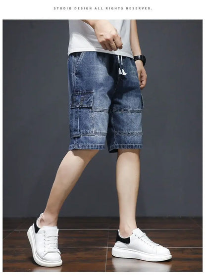 Denim Knee Length Shorts - Casual Loose Fit Multi Pocket Boyfriend Style Jeans