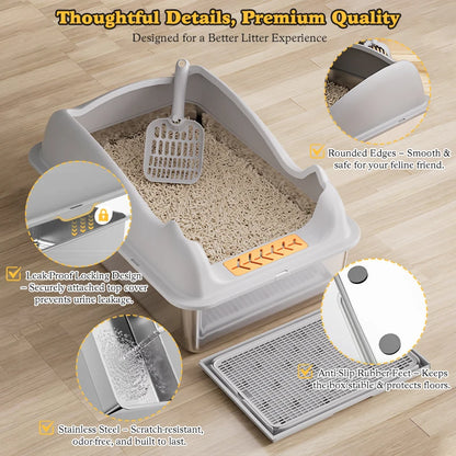 XL Stainless Steel Cat Litter Box with Lid - Easy Clean Odor-Free Anti-Leakage - ZOOMNSTORE