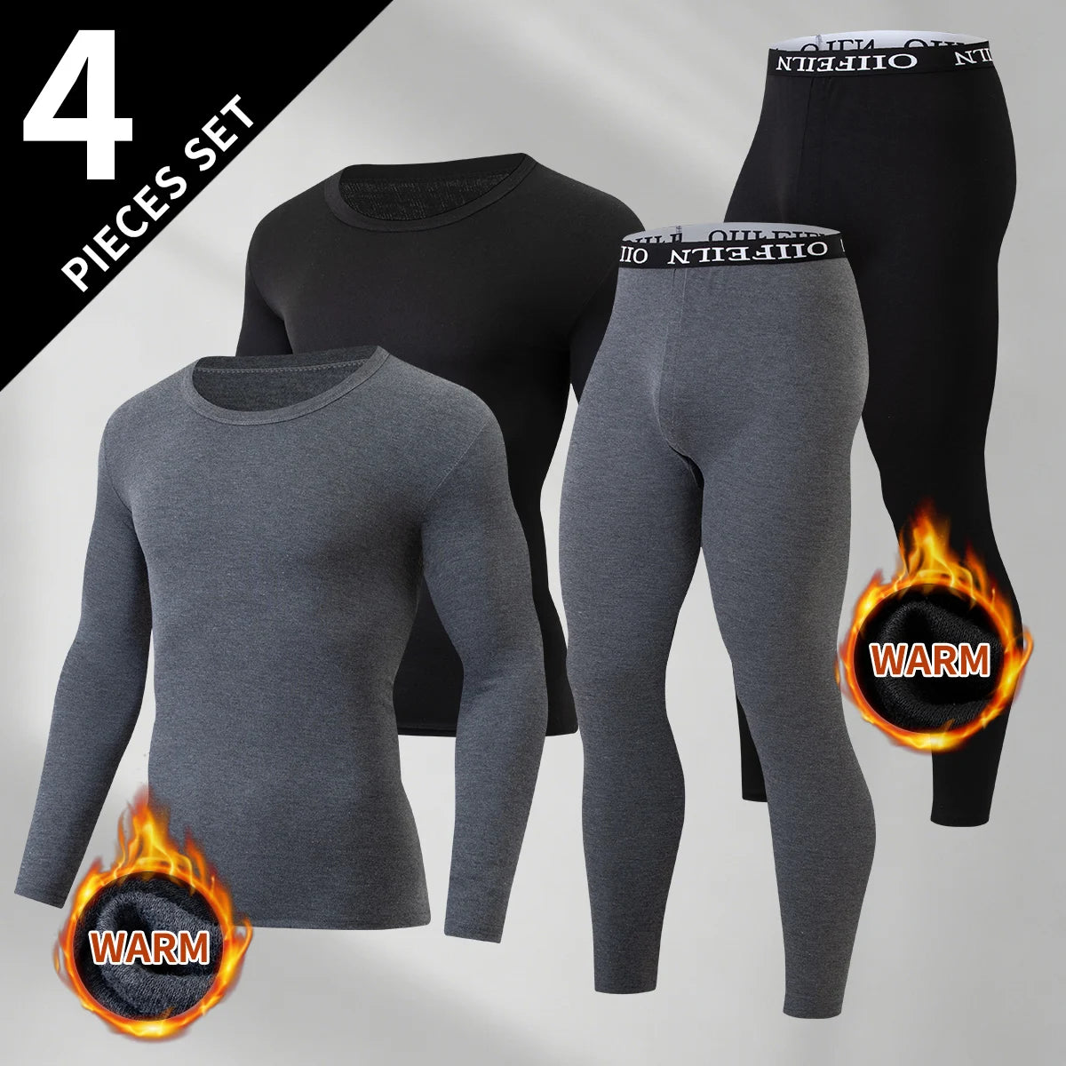 Men's Autumn/Winter Warm Underwear Set Solid Color Multi Color Round Neck Long Sleeve Top Letter Elastic Waist Casual Pants