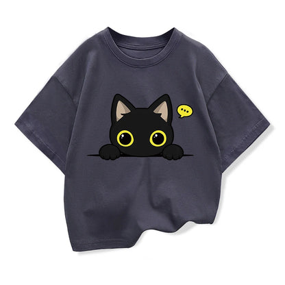 Original Design Summer Kids Clothing Short Sleeve tee t shirt Cute Black Cat Graphic Tee Tops Boys girls t shirts Pure Cotton