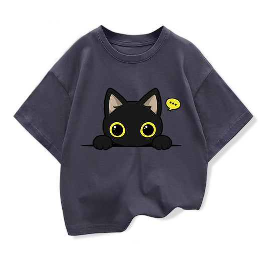 Original Design Summer Kids Clothing Short Sleeve tee t shirt Cute Black Cat Graphic Tee Tops Boys girls t shirts Pure Cotton