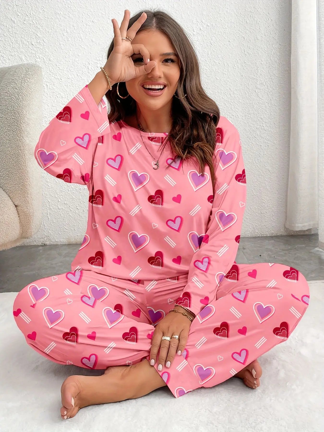 Autumn Winter Pink Heart Print Plus-Size Sleepwear Women Pajama Set Long Sleeve Tops and Trousers 3XL 4XL 5XL Loungewear