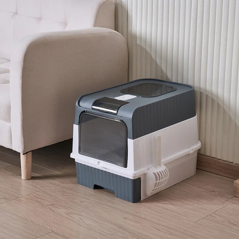 Large Foldable Cat Litter Box with Scoop - Odor Control Easy to Clean Front Entry  Top Exit - ZOOMNSTORE