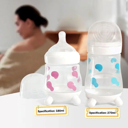 180ML/270ML cute cow shaped anti bloating baby PP bottle without handle, silicone replacement nipple available for sale