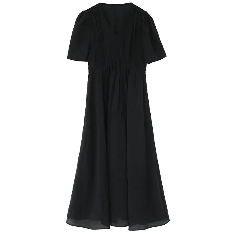Vintage V-Neck Dress – Women Summer Fashion | White Puff Sleeve, Loose Ankle-Length