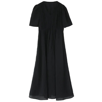 Vintage V-Neck Dress – Women Summer Fashion | White Puff Sleeve, Loose Ankle-Length