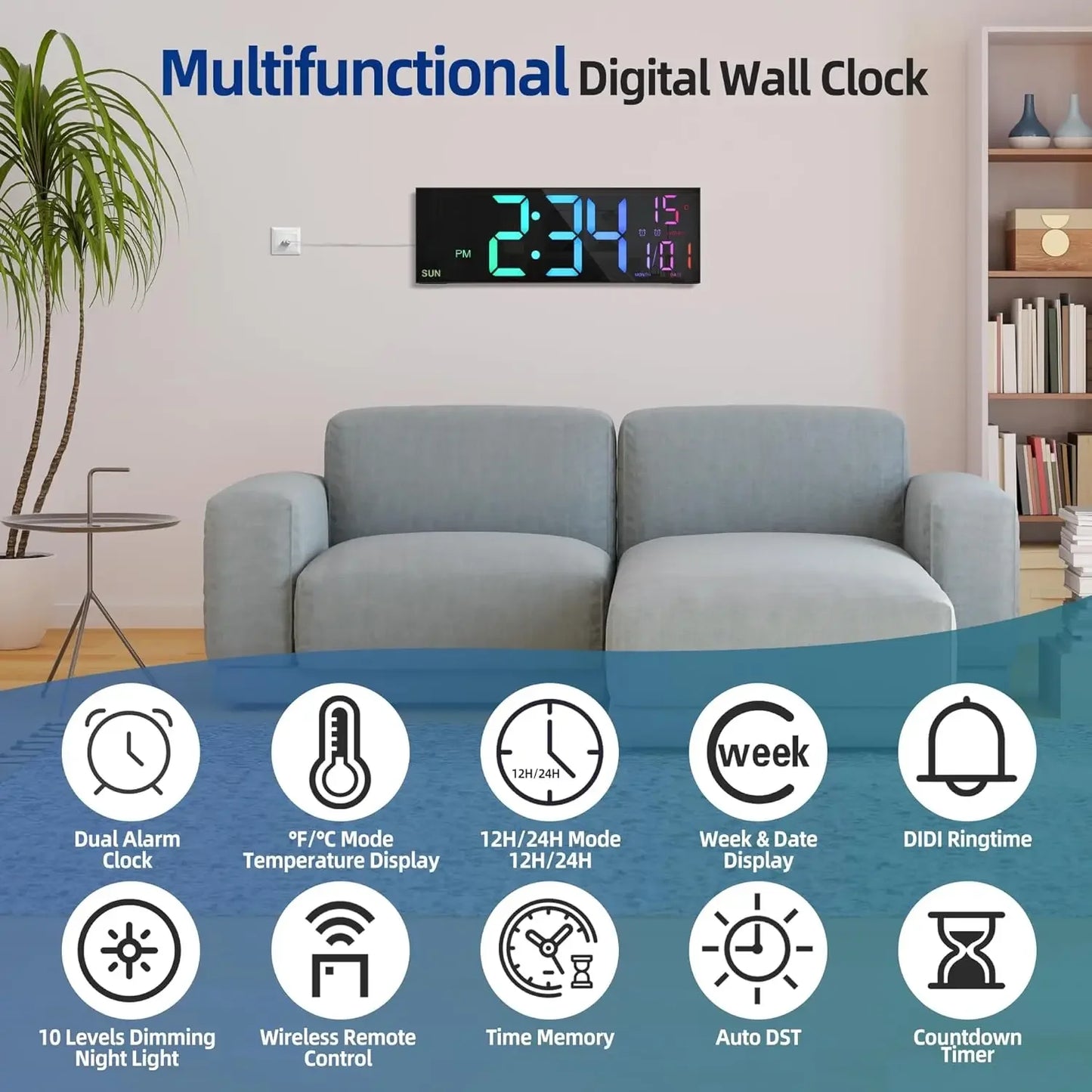Large Digital Wall Clock - 162 LED with Remote Dual Alarm  RGB Colors