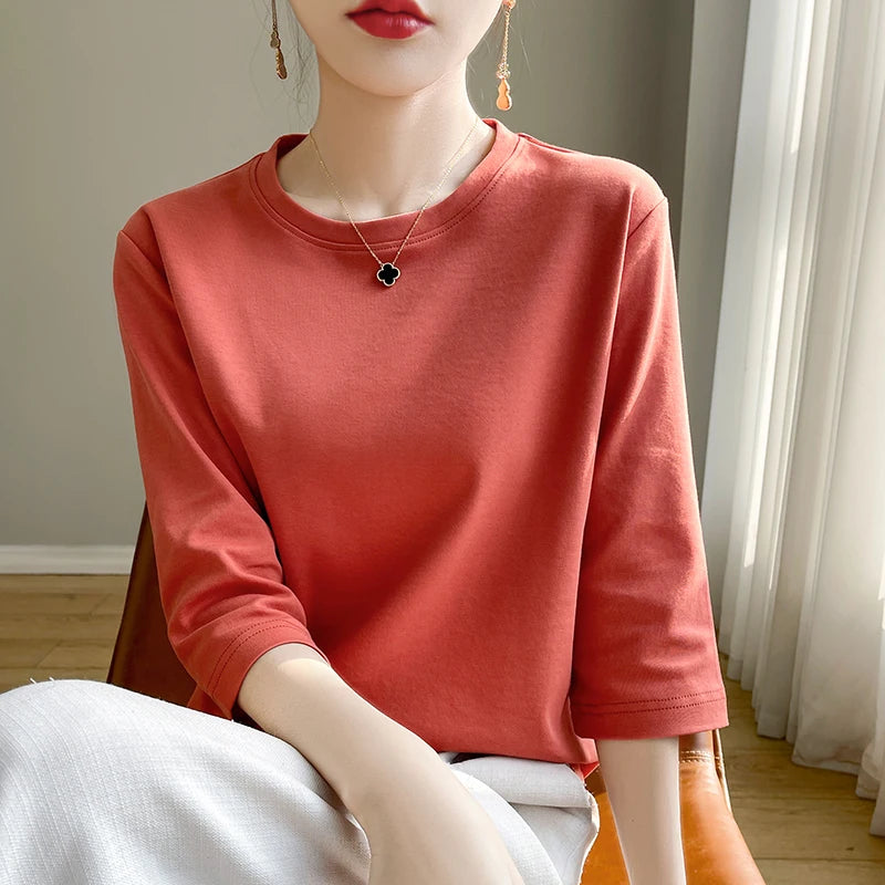 Summer Cotton Short-Sleeved T-Shirt Women's Round Neck Seven-Point Sleeves Loose Mercerized Cotton Half-Sleeve Shirt New T-shirt