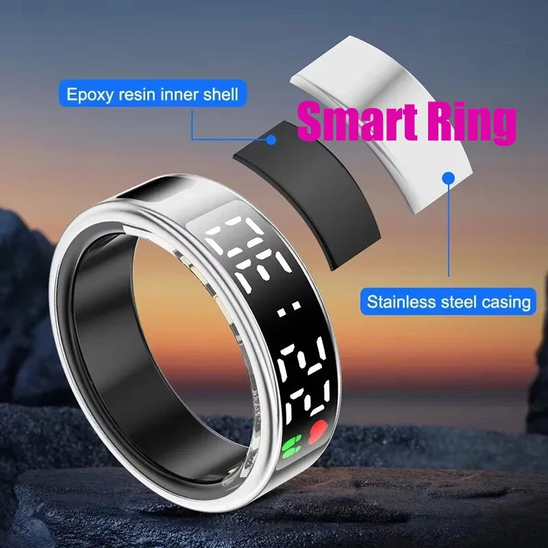 Fitness Sleep Smart Ring LED Display Screen Heart Rate Blood Oxygen Monitoring Outdoor Sports Modes IP68 & 5ATM Waterproof Ring