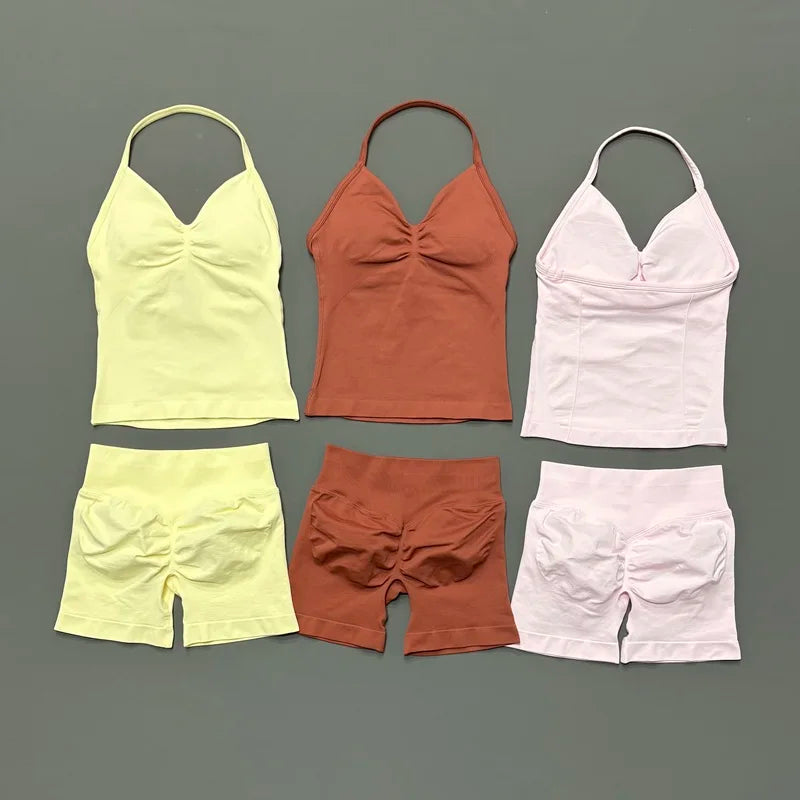 2Pcs HISTELLO Yoga Set Women Halter Tank Top Scrunch Butt Lifting Shorts Ruched Anti Chafe Quick Dry Gym Workout Sports Set