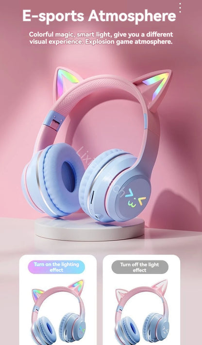 RGB Luminous Cat Ears Wireless Bluetooth Headphones With Microphone Headset Gamer Girl Call Noise Reduction Hifi Sale Handfree