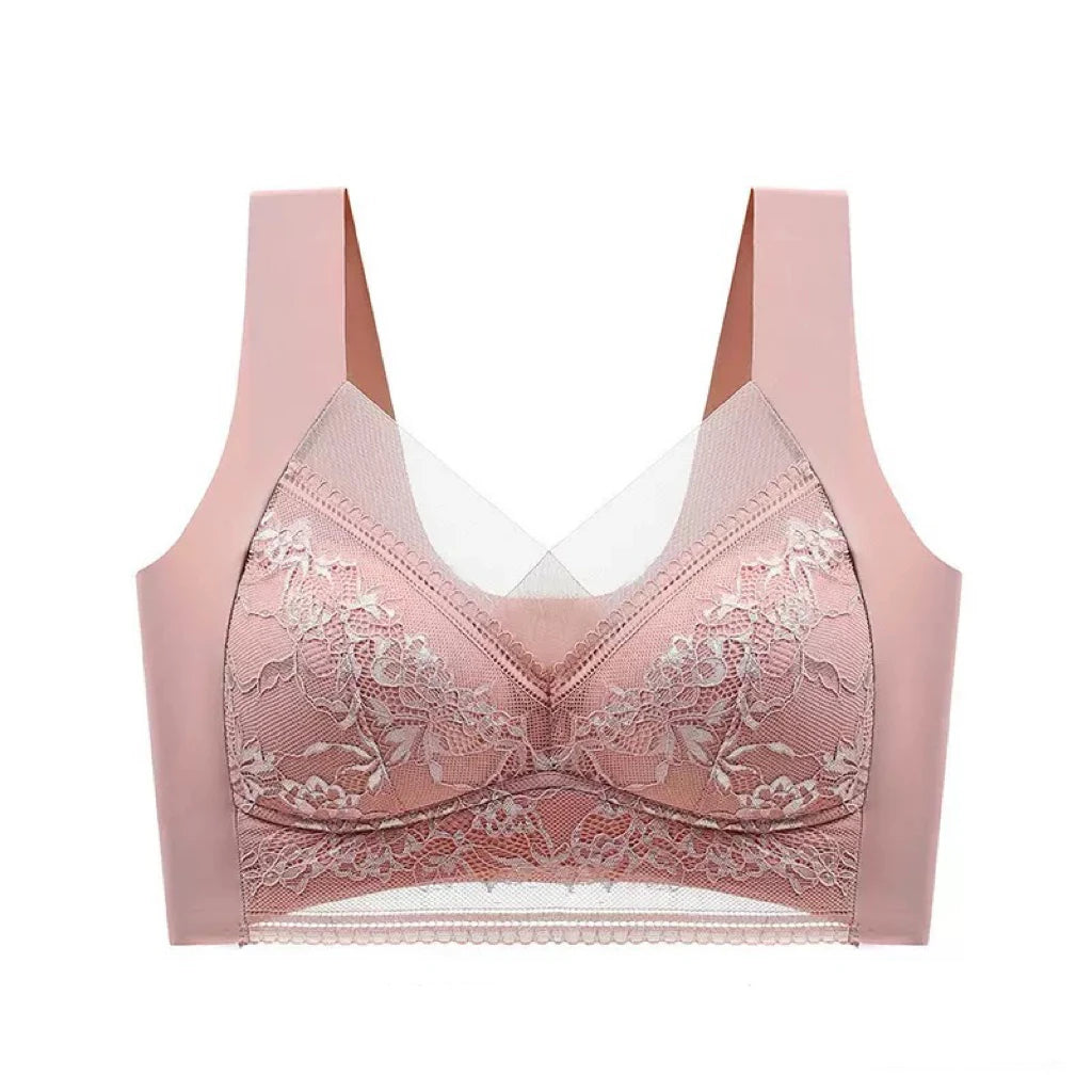Plus Size Bra - Women's Lace Padded Comfort Bra With Ice Silk Fabric, Wire Free Support