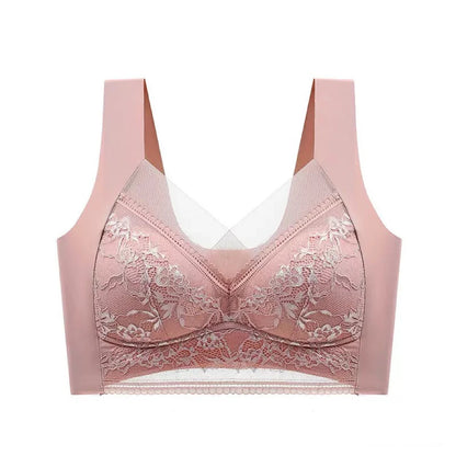 Plus Size Bra - Women's Lace Padded Comfort Bra With Ice Silk Fabric, Wire Free Support