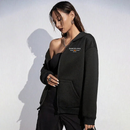 Autumn Winter Female Daily Casual Sport Coat 2025 New Arrival Woman Zipper Hoodie High Quality Barcelona Print Hooded Sweatshirt