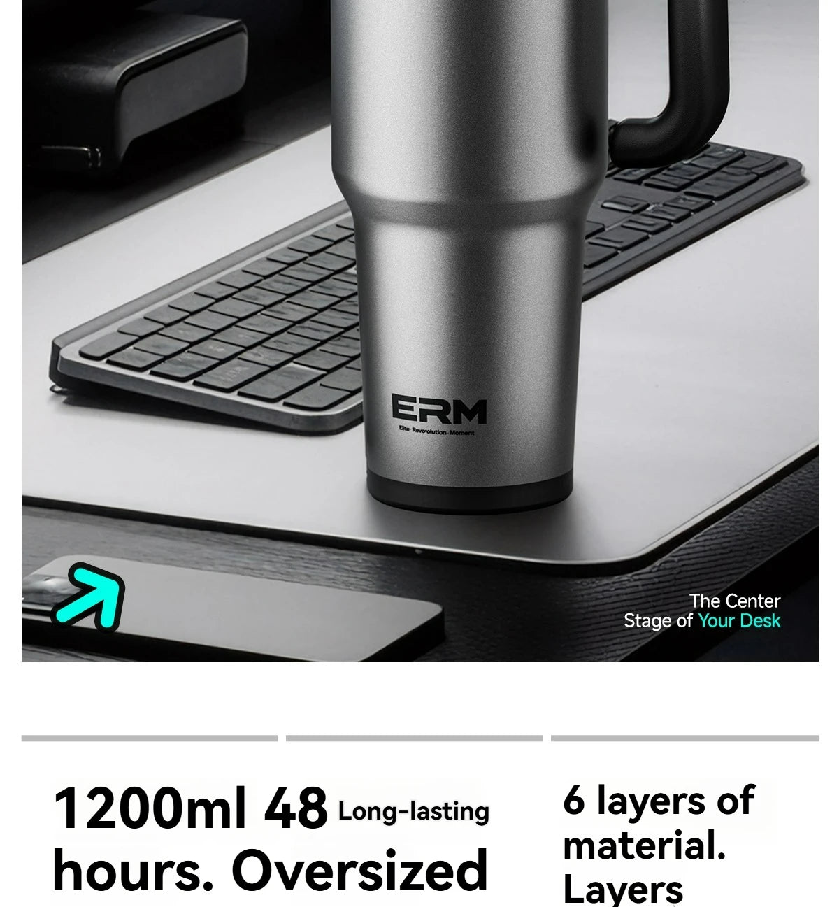 1200ML Extra Large Tumbler Ceramic Drinkware Stainless Steel Water Bottle Insulated Vacuum Flask Straw & Handle Leakproof Mug