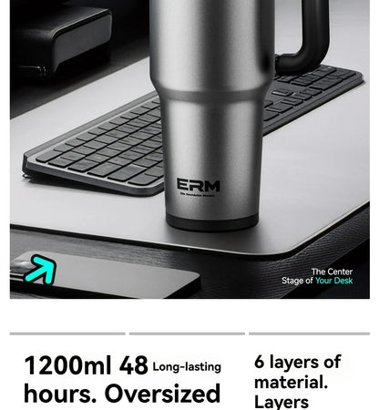 1200ML Extra Large Tumbler Ceramic Drinkware Stainless Steel Water Bottle Insulated Vacuum Flask Straw & Handle Leakproof Mug