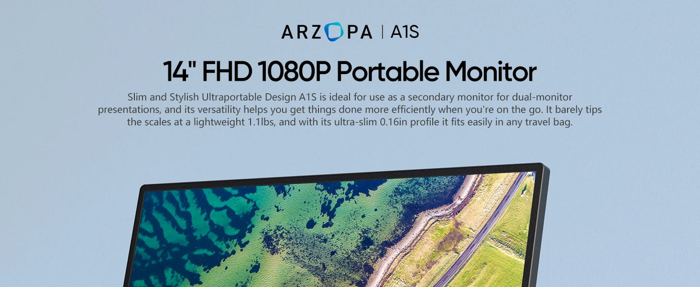 Portable Monitor 14 Inch – ARZOPA Slim Aluminum IPS Panel with USB C & HDMI