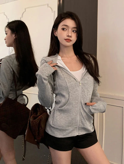 Gray Zipper Hooded Sweatshirt Women 2026 New Korean Slim Fit Cardigan Long Sleeve Coat Woman Solid Pockets Sports Hoodies Jacket