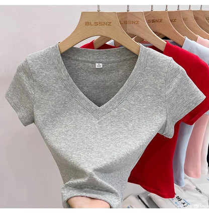 Summer Sexy V-neck Slim T Shirt Women Cotton Basic Solid Crop Tops Female Casual Tops Short Sleeve T-shirts 2026