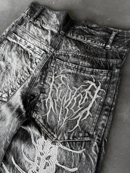 Y2K New Retro Centipede Embroidery Pattern Washed Oversized Wide-Leg Pants Street Gothic Harajuku Floor Pants For Men and Women