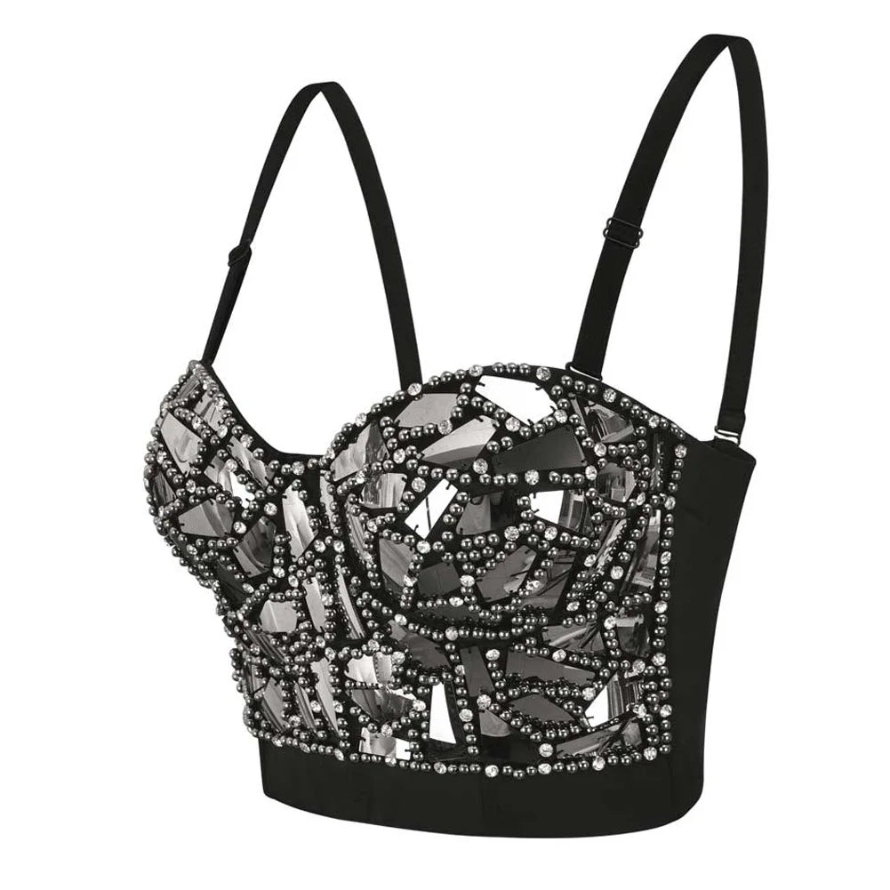 Grey Diamonds And Beaded Punk Rave Brassiere For Women Sexy Bralette Push Up Bra Top y2k Goth Brasieres Mujeres Party Club Wear