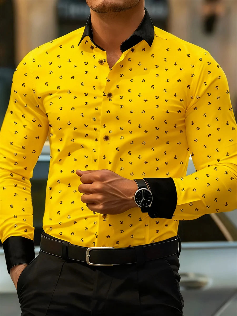 New Men's Fashion Anchor Print Contrast Color Lapel Long Sleeve Shirt Business Casual Slim Fit Non-iron Versatile Shirt XS-6XL