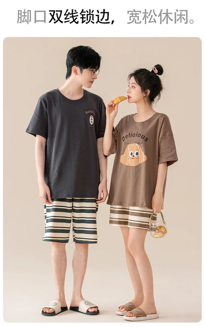 Couple Pajamas Set Summer Short-Sleeved Sleepwear 100% Cotton Men and Women Pyjamas