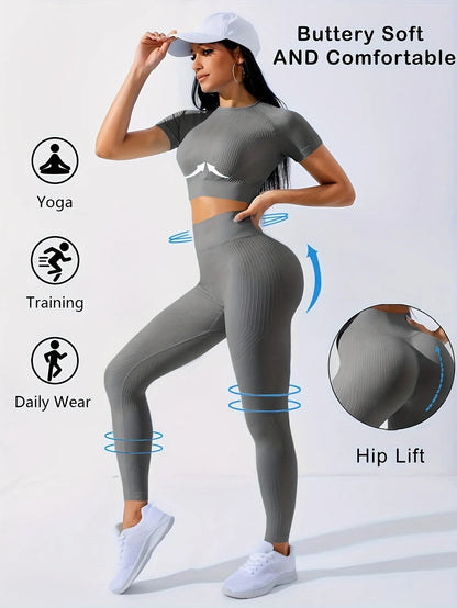 Workout Sets Outfits for Women – Yoga Leggings with Short Sleeve Crop Top, Slim Fit Tummy Control Butt Lifting Waist Shaping, Seamless Ribbed Texture, Breathable Soft Fabric, Non-Pilling, Perfect for Fall Winter Gym Yoga Ru