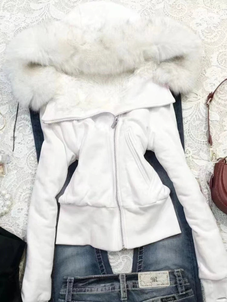 Vintage American Retro Solid Hooded Hoodie Women Winter Faux Fur Lined Zip Up Sweatshirt Cozy Fleece Pullover Streetwear Jacket